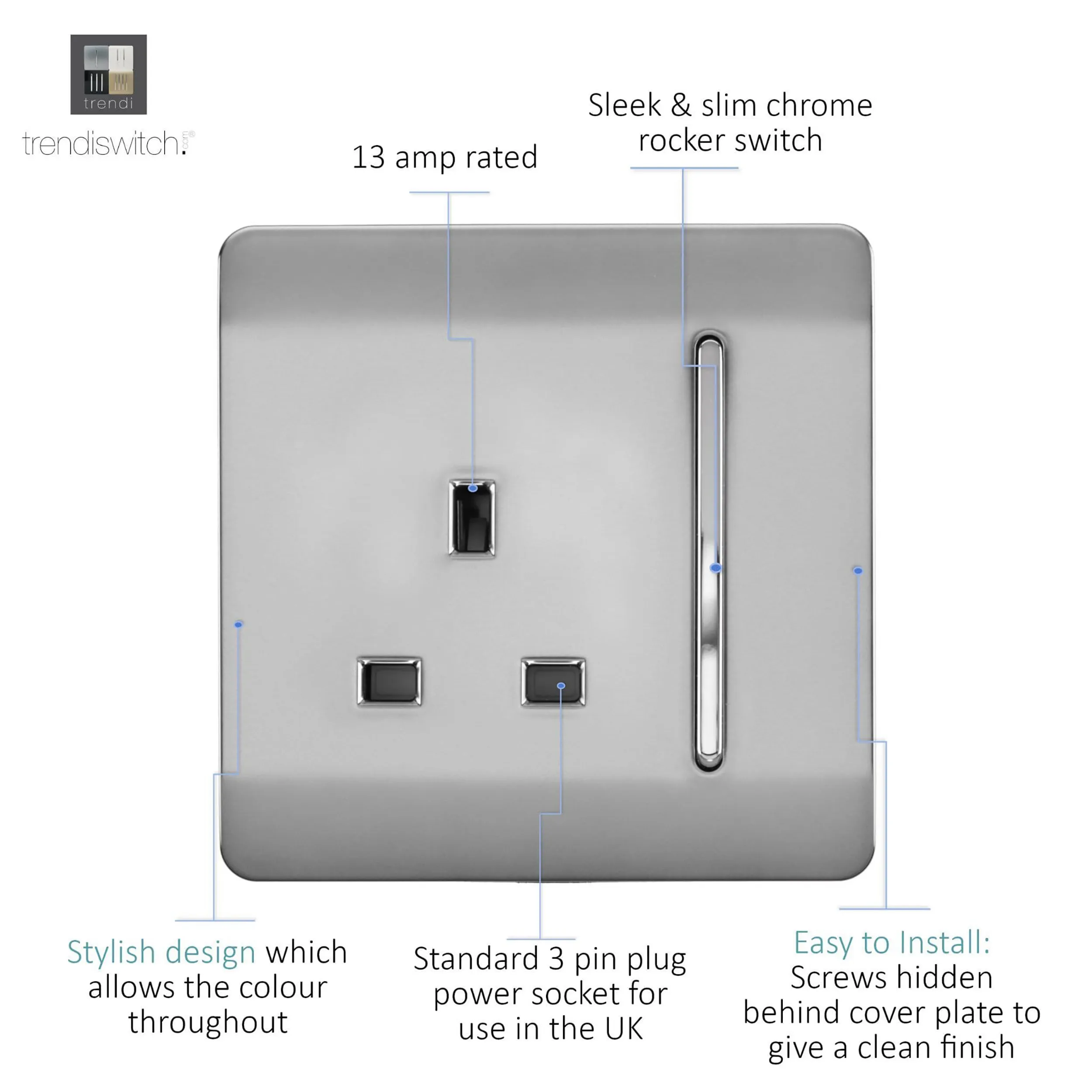 1 Gang 13Amp Switched Single Socket Brushed Steel ART-SKT13BS  Trendi Brushed Steel